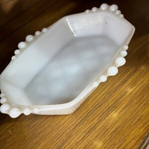 Beaded Milk Glass dish “Criss Cross" pattern